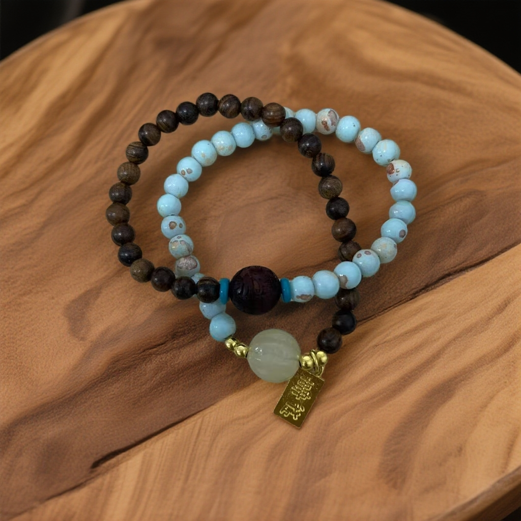 S0024-黑花梨0.6+寿石山双拼双圈精品手串