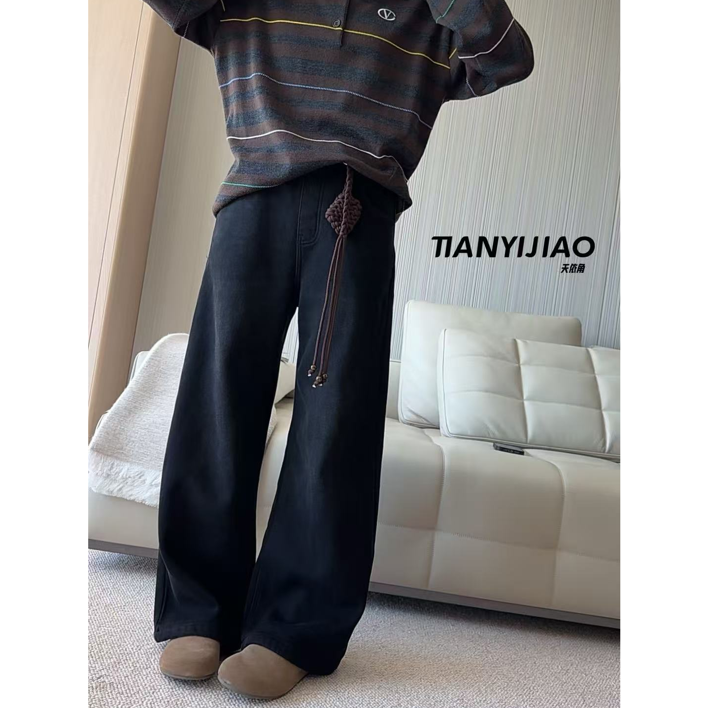 【豪宝贝】2025FW编织腰带水洗一体绒牛仔裤5139