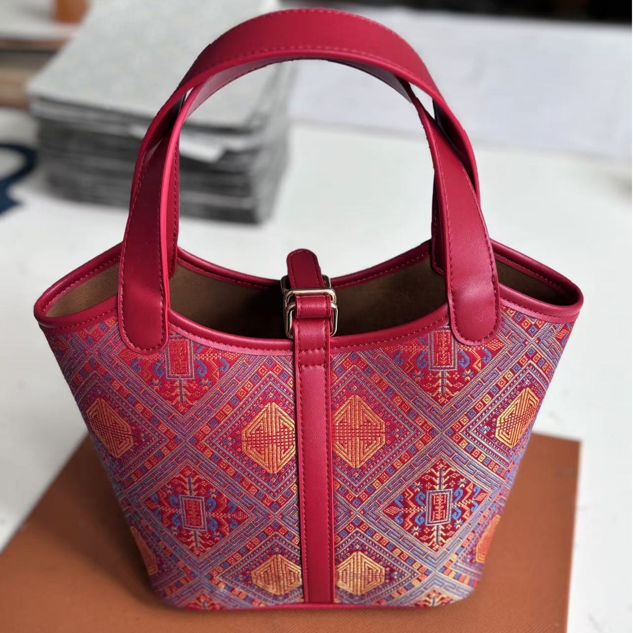 【助农项目】广西非遗壮锦百搭夕阳红菜篮小众包包手拎包菜篮子包