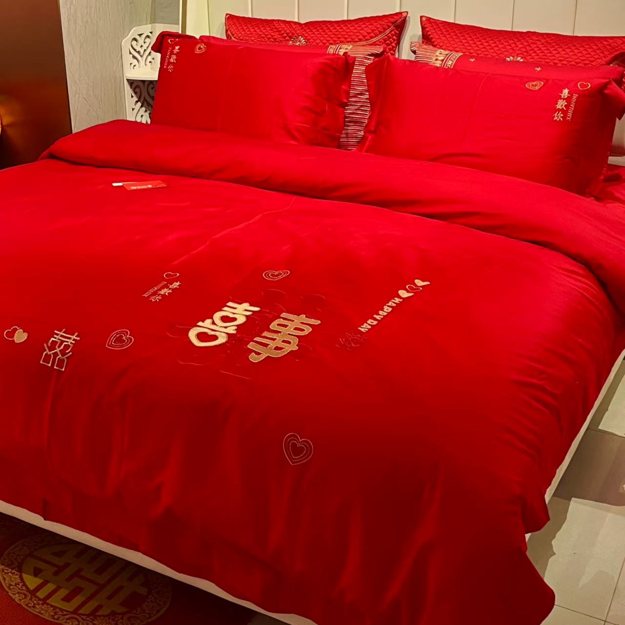 新中式结婚四件套棉喜字刺绣款被套婚庆长绒棉床上用品