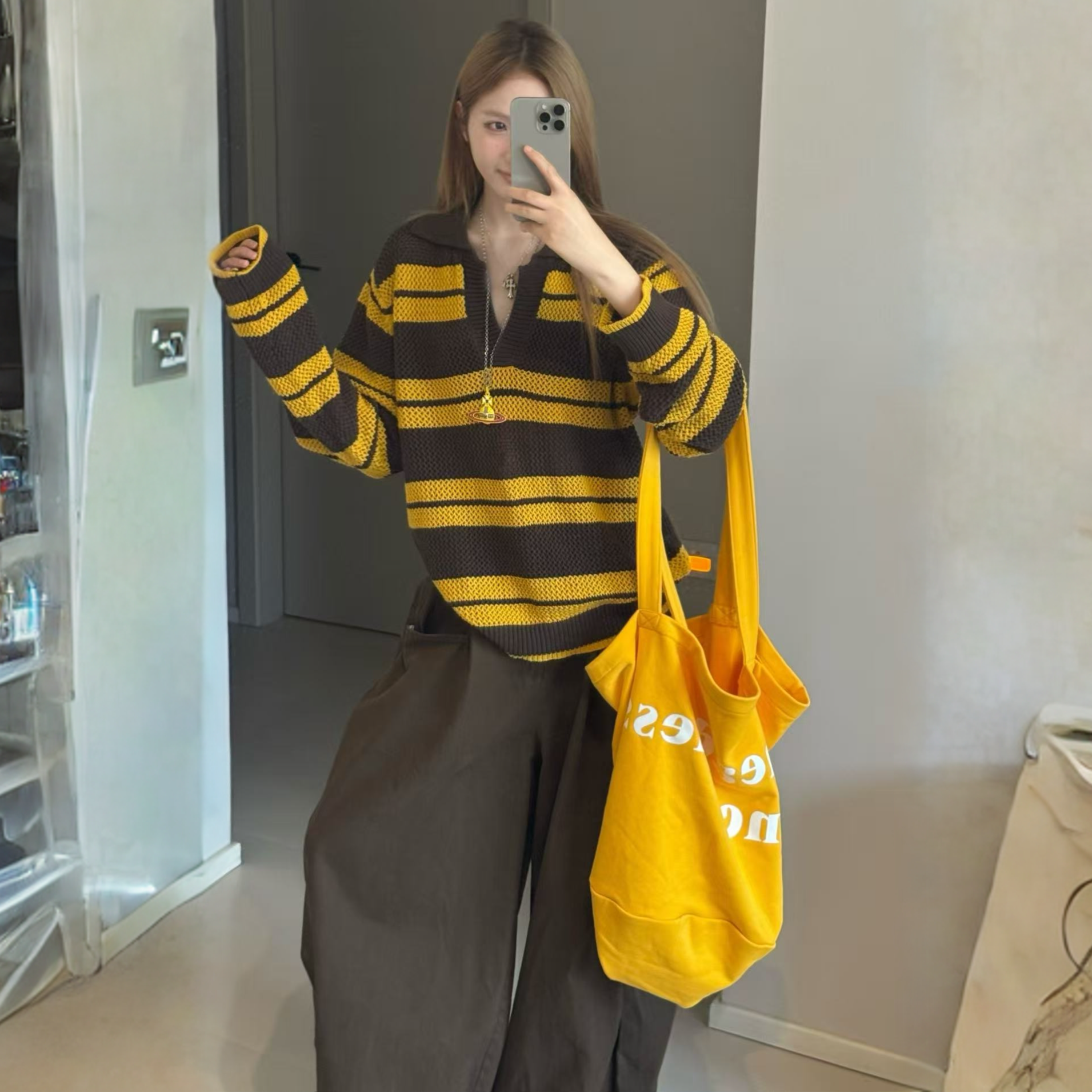 韩系撞色镂空针织衫女早秋新款百搭宽松polo领条纹套装上衣女复古