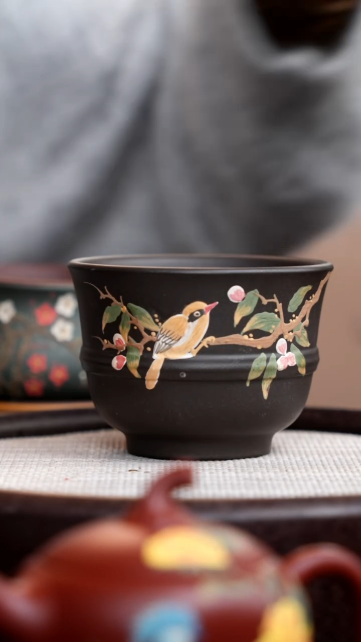 【闪购商品】紫砂茶壶石黄线韵主人杯泥绘鸟