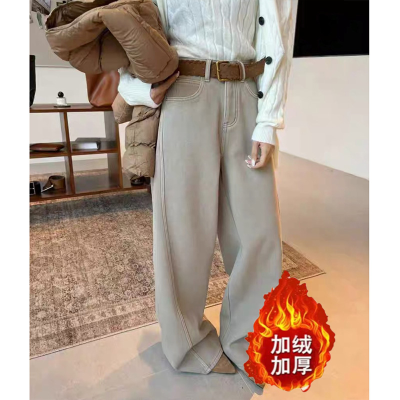 【配腰带】加绒加厚高腰直筒阔腿牛仔裤2025冬季新款百搭显瘦弯刀裤