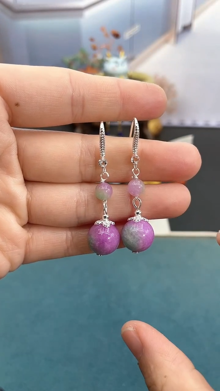 银S925镶嵌翡翠耳饰春彩双珠耳钩