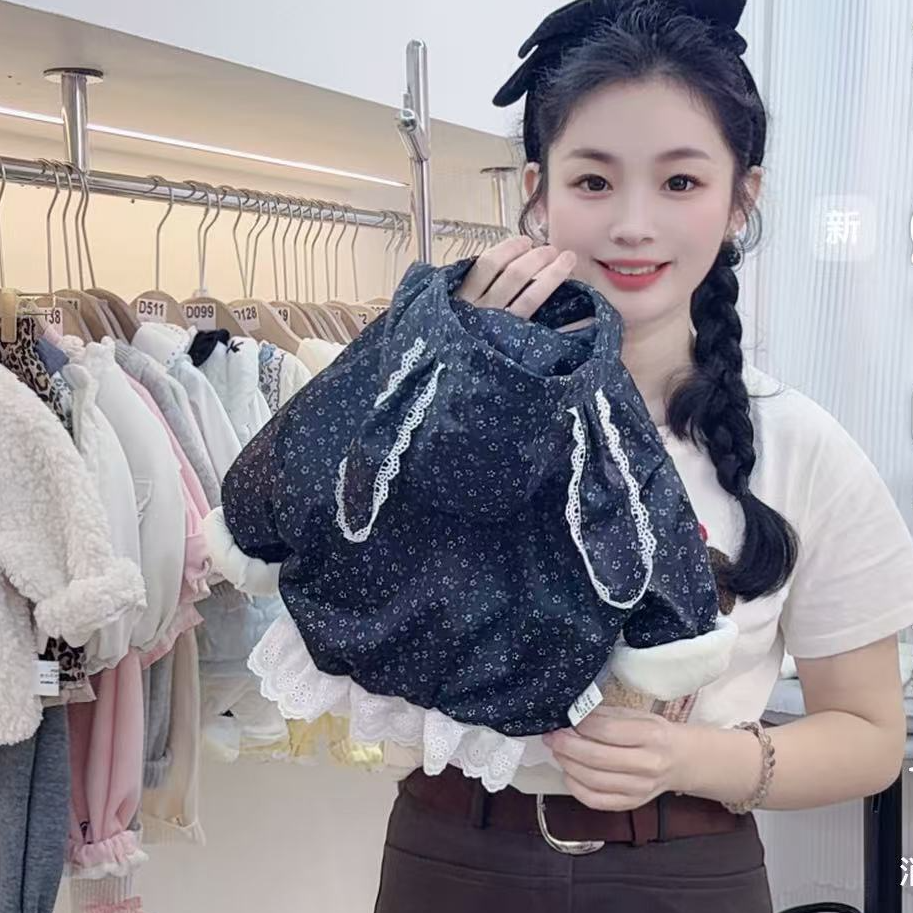 冬季碎花大耳朵兔子夹棉加绒外套连帽款女宝宝