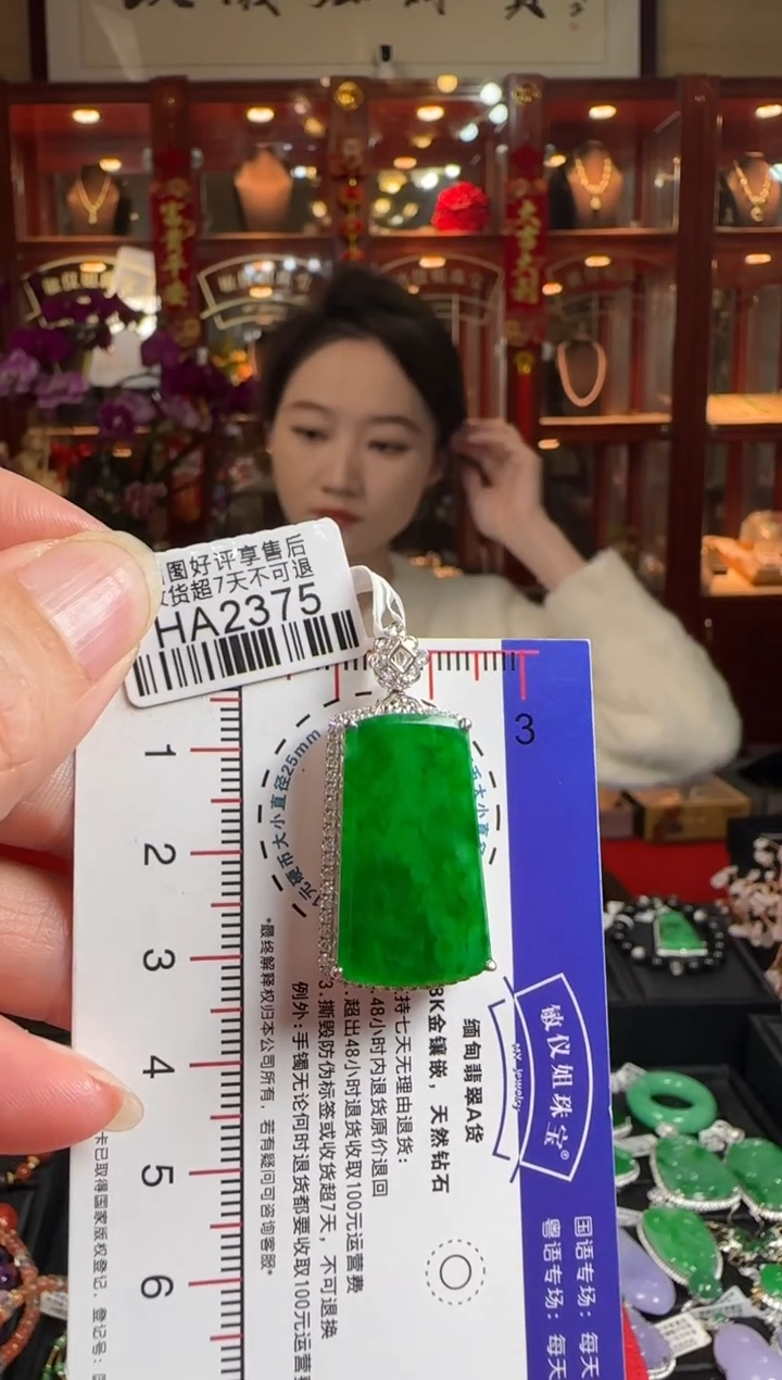 【闪购商品】翡翠颈饰18K金镶嵌HA2375冰辣绿无事牌