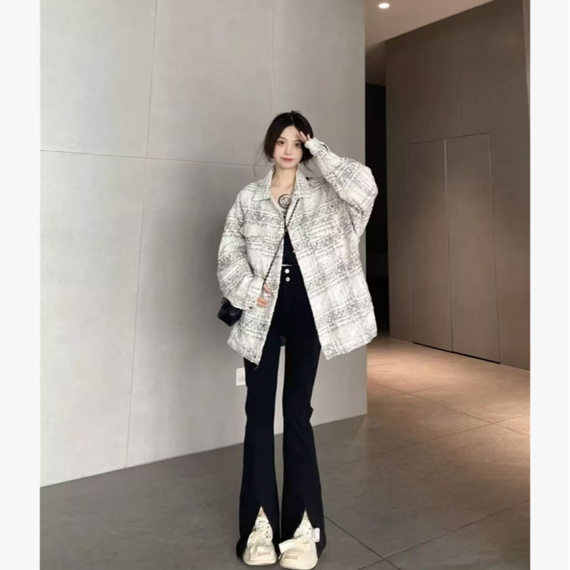 D26 010202 网红情侣装加厚小香风外套男女格纹高级感上衣女