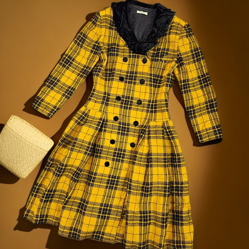 中古vintage 棉布气质时尚拼接复古经典连衣裙小香风中长款格子