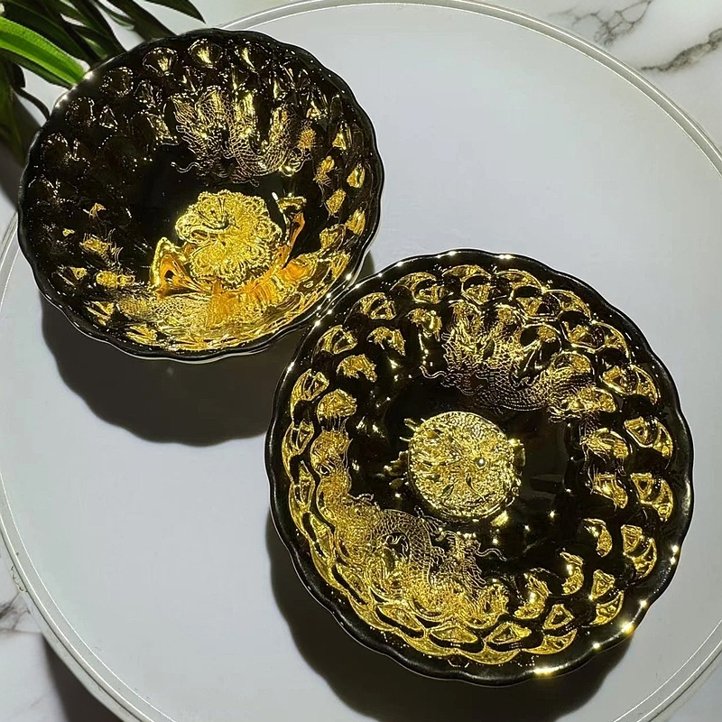 金玉满堂【金孔雀+金龙】对杯主人杯手工茶器（无礼盒）