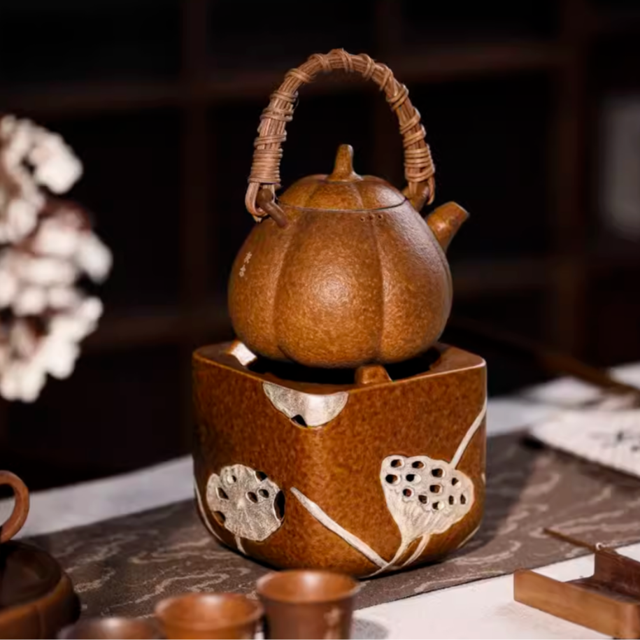 【厚爱公主专享】套组-南瓜提梁壶+莲藕酒精炉粗陶茶道器具（Q0491）
