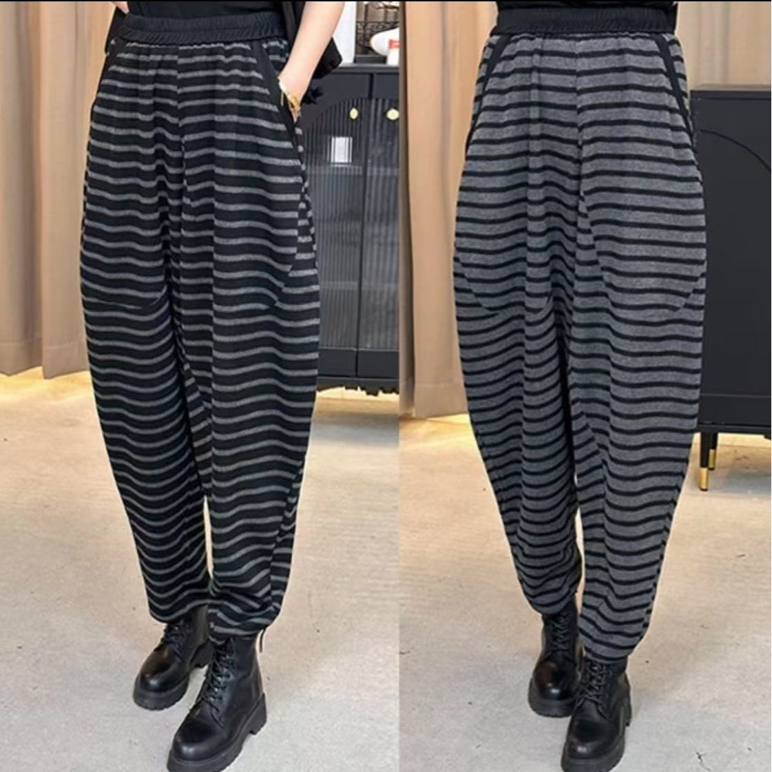 2025春季新款洋气设计感条纹宽松高腰宽松哈伦裤减龄百搭休闲裤女