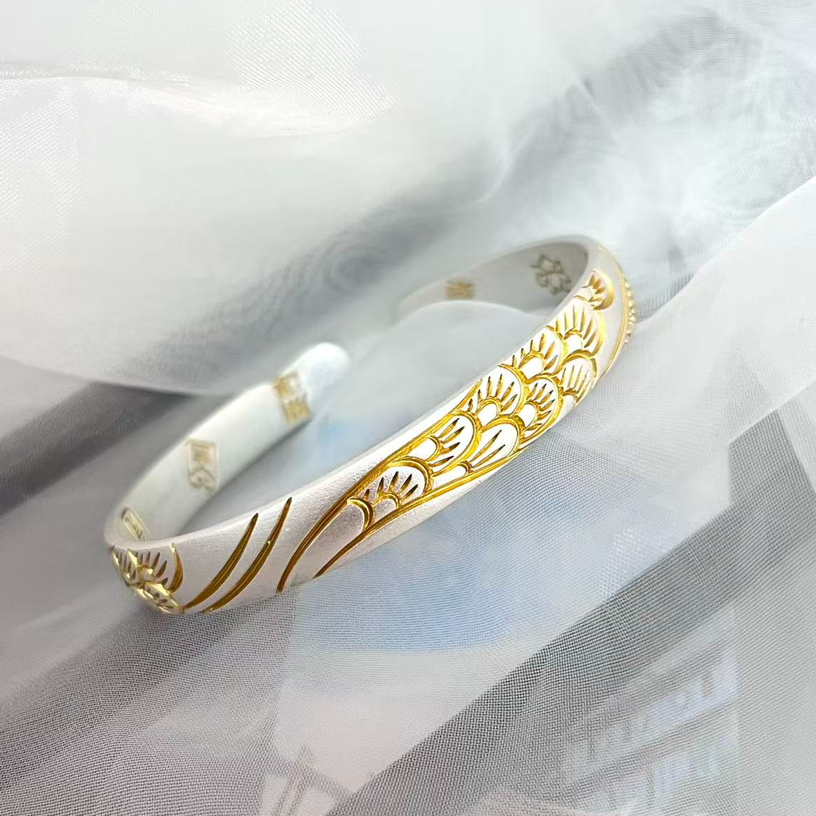 足银手镯 足银999.9孔雀描金古风手镯