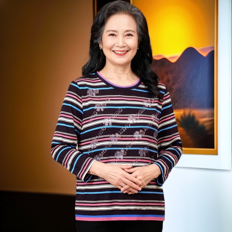 中老年女装圆领休闲条纹妈妈装抗皱T恤烫钻七分袖透气面料修身版