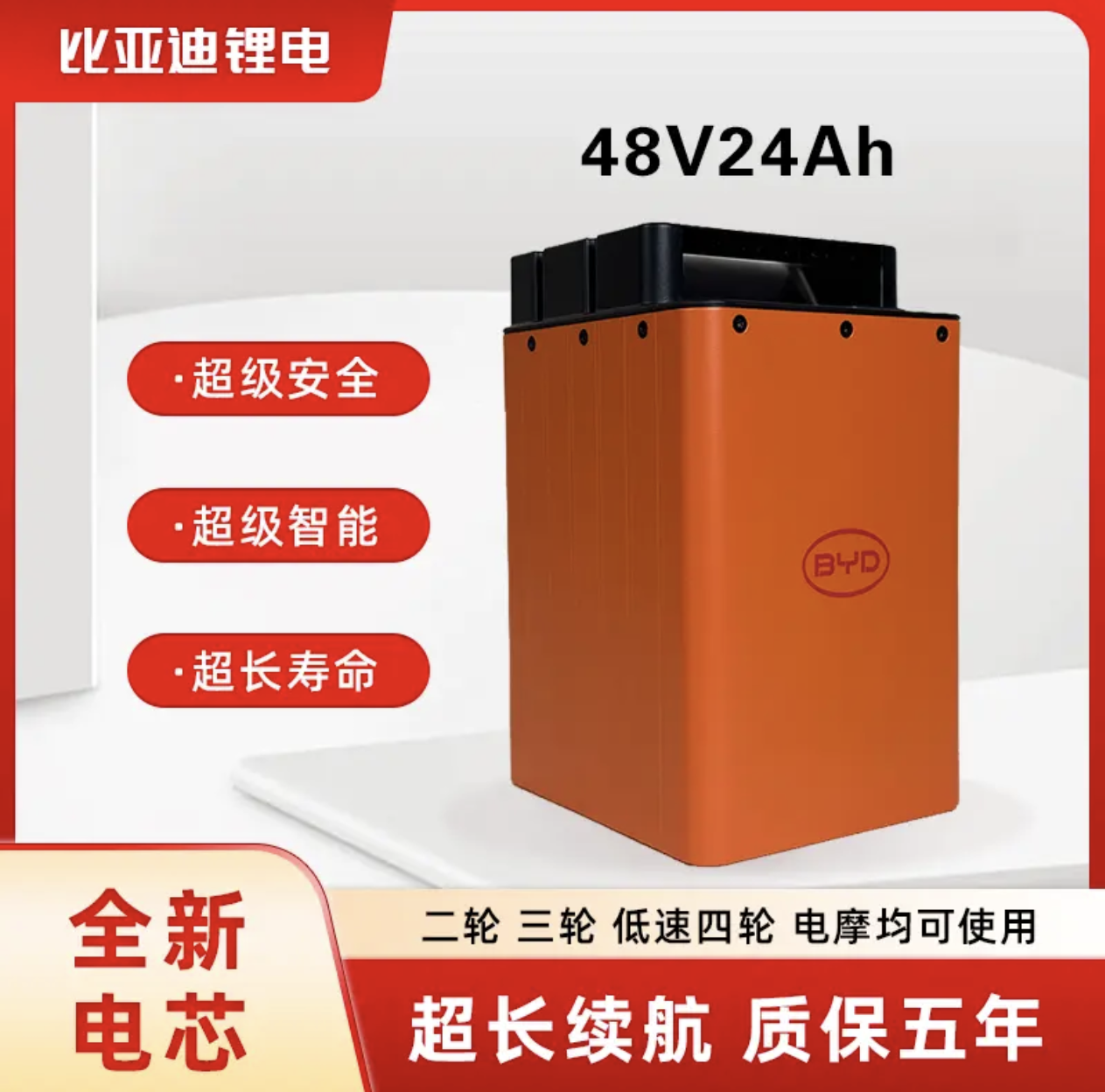 比亚迪48V24Ah轻型车用锂电池适用于二轮三轮车