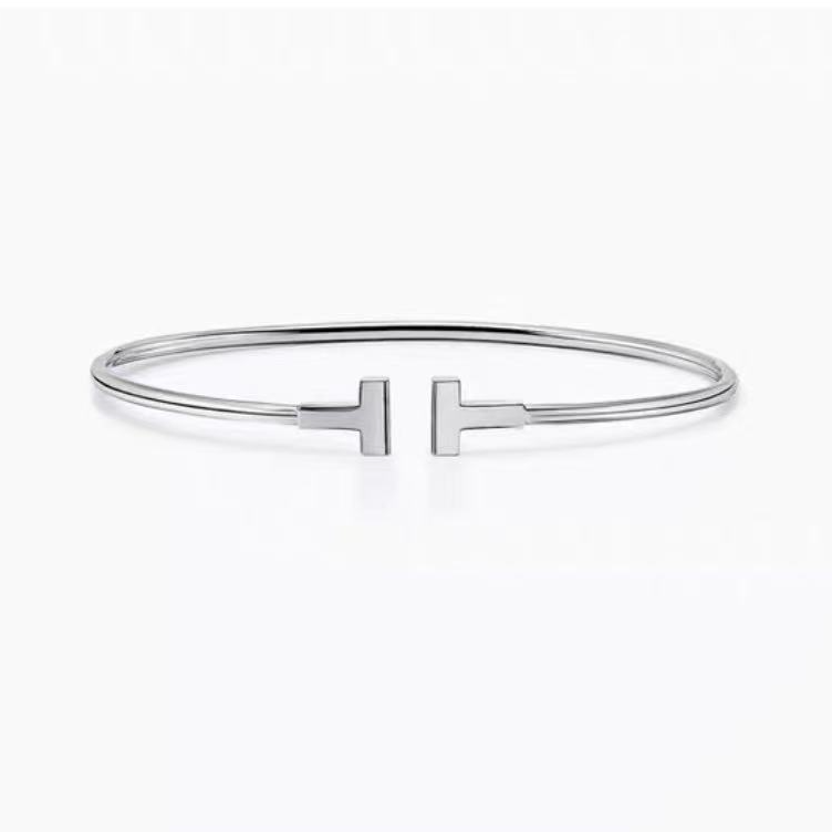 99新 Tiffany & Co./蒂芙尼 18k白金 双T线圈手镯 窄版