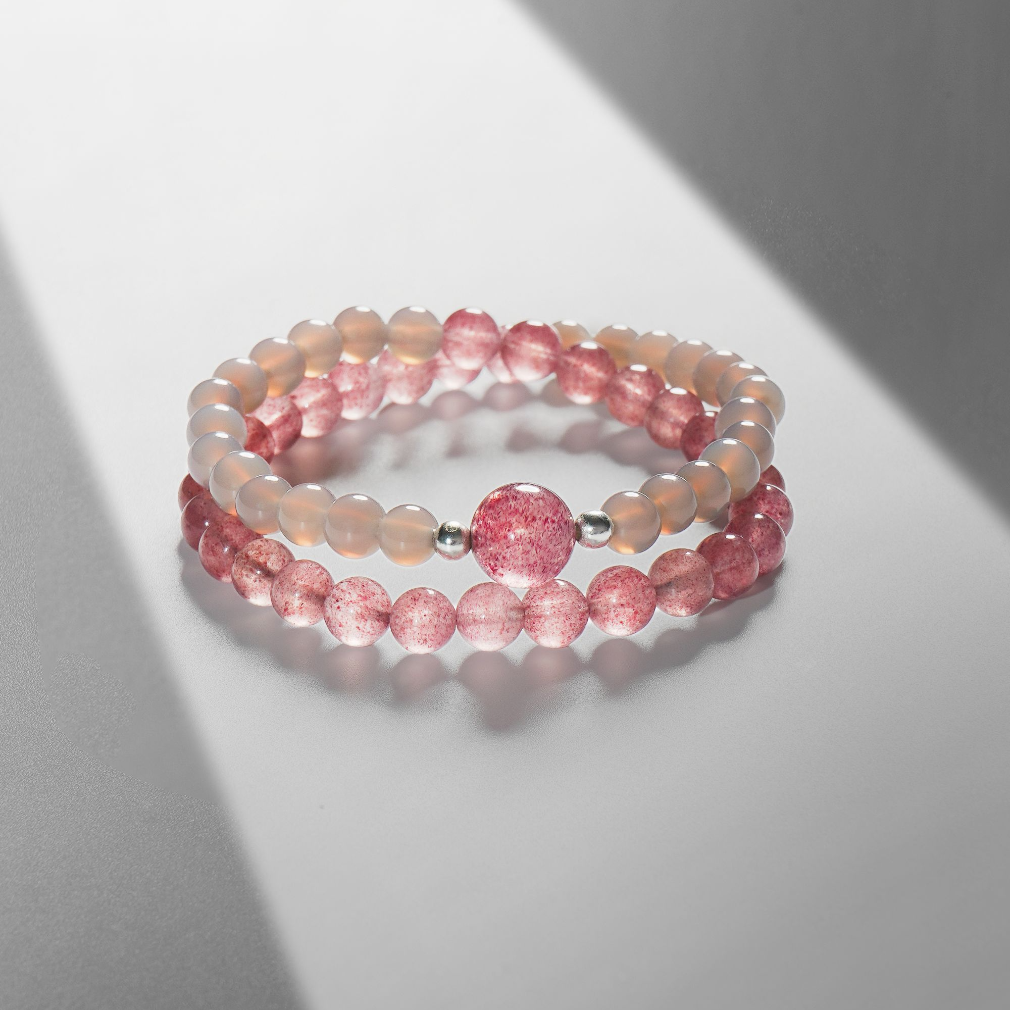 【桃花夭】桃花草莓水晶 天然玛瑙烟灰色手串