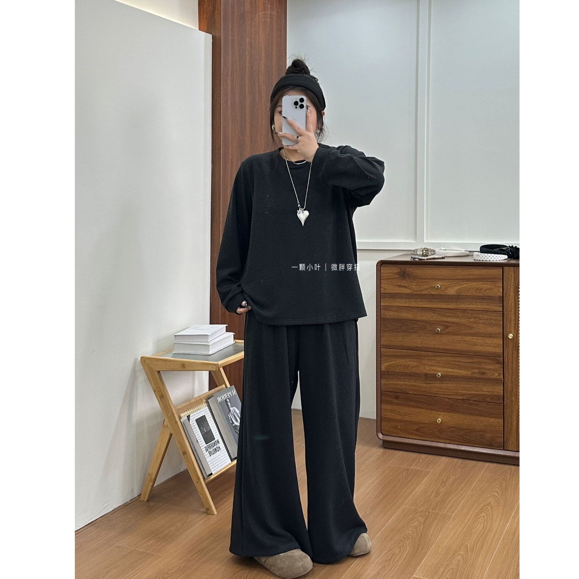 【一颗小叶】秋冬大码休闲抓绒套头卫衣套装简约显瘦