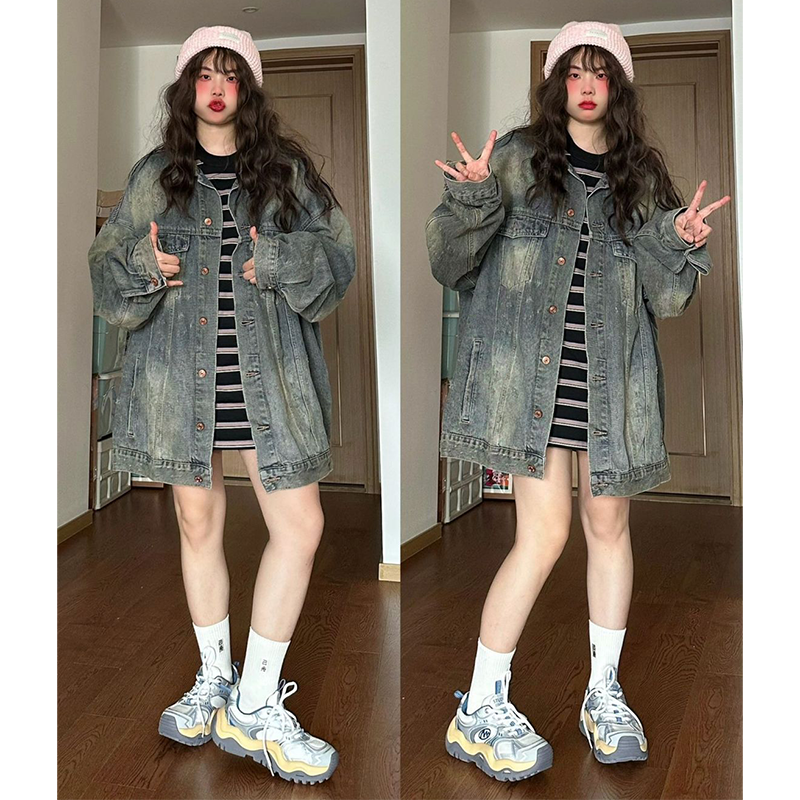 美式复古百搭牛仔外套女春秋款大码微胖mm宽松显瘦慵懒风外搭上衣