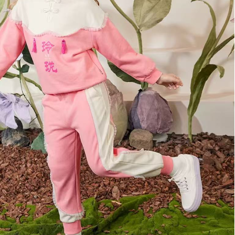 女童春季粉白运动裤646