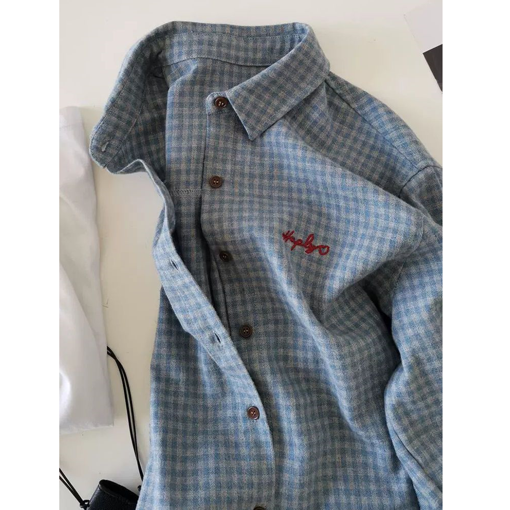 韩系蓝色格子刺绣Polo领衬衫外套女春秋外搭磨毛衬衣宽松翻领上衣