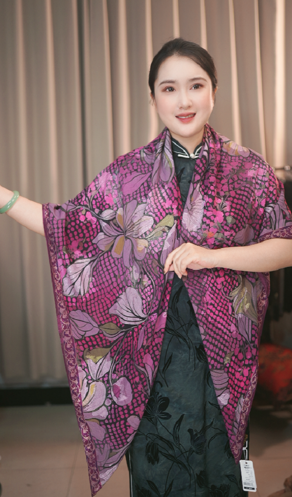 【粉色木槿花】140*140乔其烧花工艺新中式丝巾