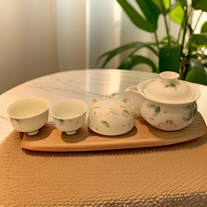 桂花招财猫-旅行套一壶二杯1110手工手工手工复古手绘主人杯高档
