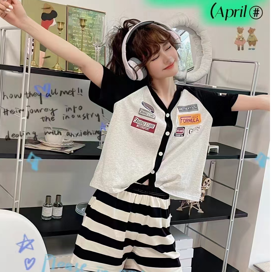 V领开胸清新减龄半袖短裤家居服宽松条纹睡衣女款爆款2025新款