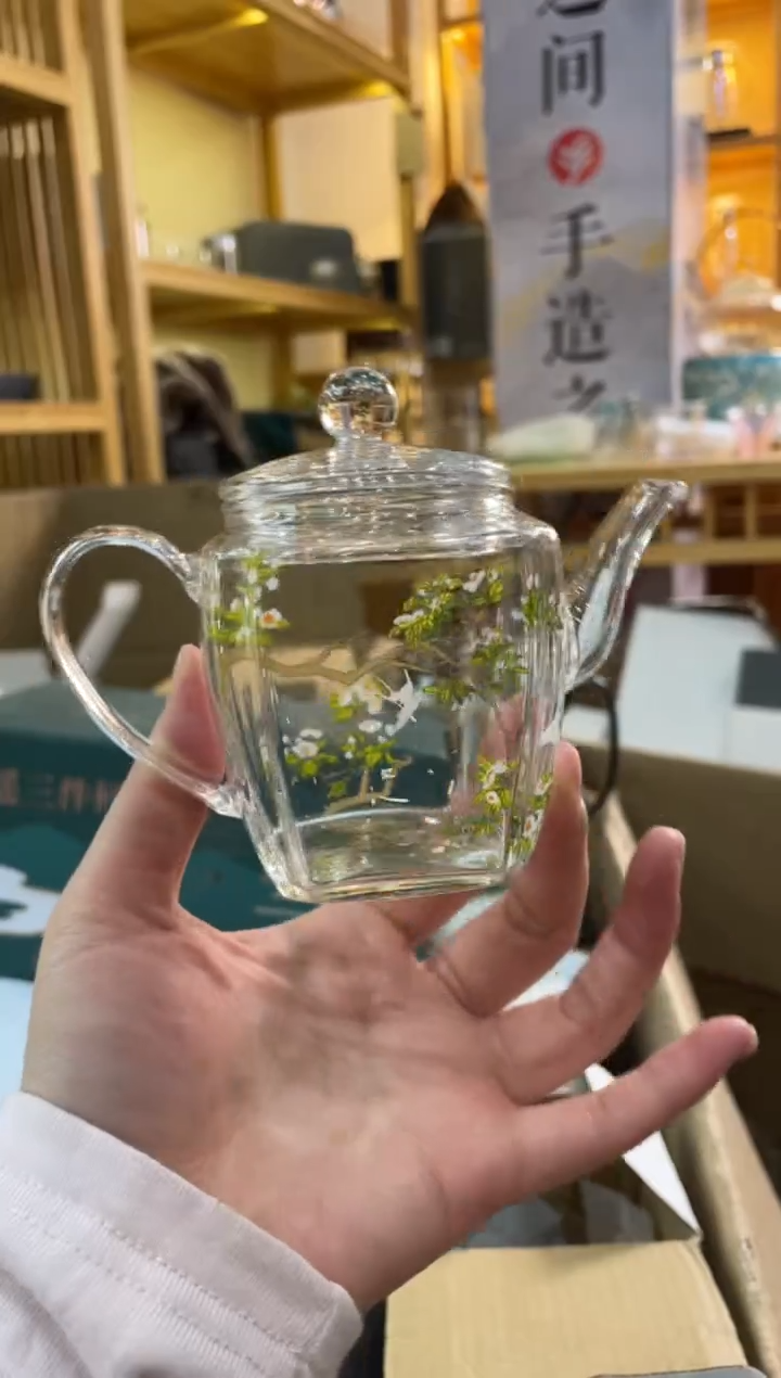 手工艺品玻璃遇器四方小壶梨花白燕孤品清