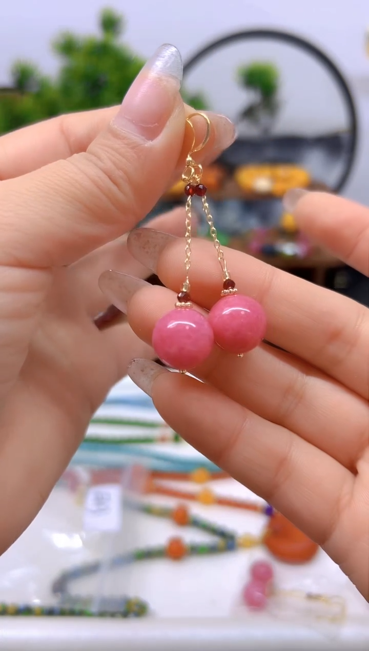 【闪购商品】菱锰矿（红纹石）耳饰14K金镶嵌耳饰E613