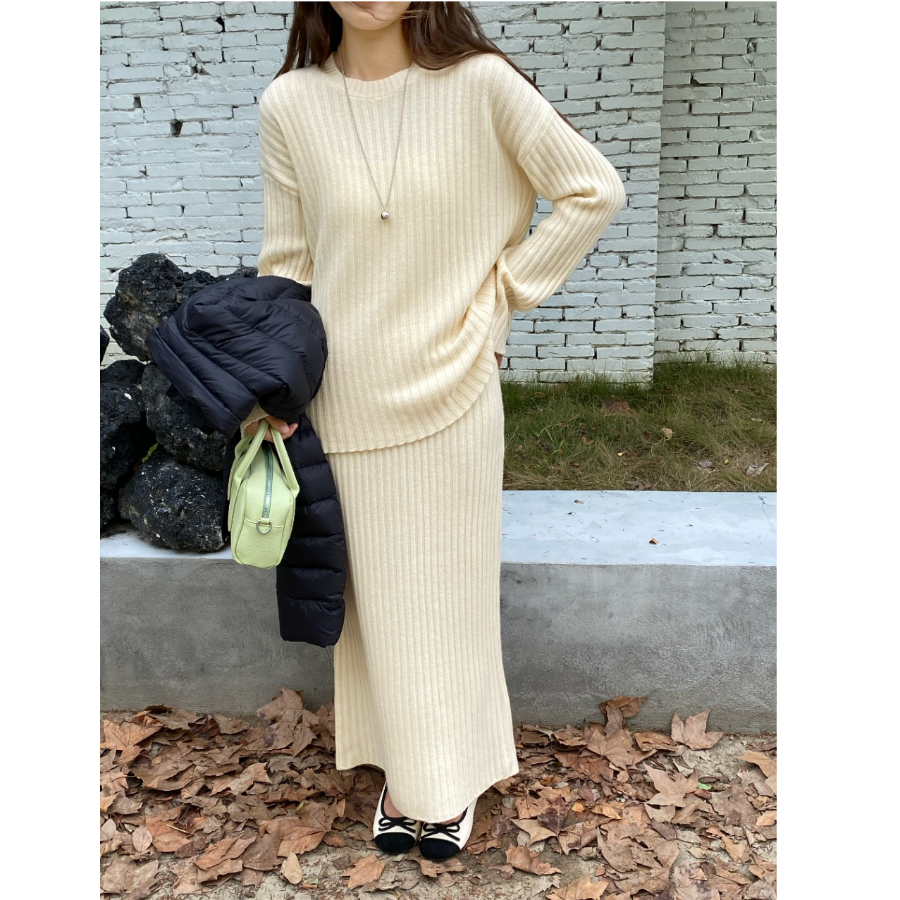 AM-2026新款100羊毛纯色潮牌时尚女士针织套装气质显瘦百搭25008