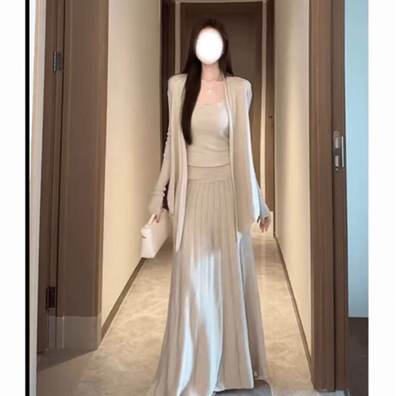 胖鹅张~法式气质花边针织吊带+不规则开衫+半身裙三件套#2010