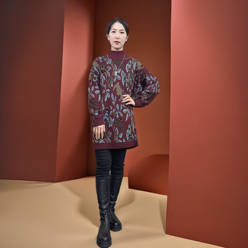 666秋冬款花色高级显瘦圆领时尚针织提花上衣大码遮肚提花毛衣厚