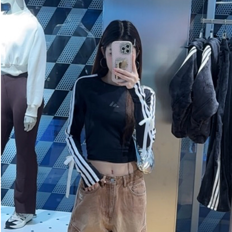 Adidas三叶草新款秋季经典条纹长袖 可拆卸蝴蝶结长袖T KG3862