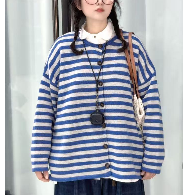 大喜-25年秋冬新款韩系条纹宽松百搭慵懒风针织圆领毛衣开衫