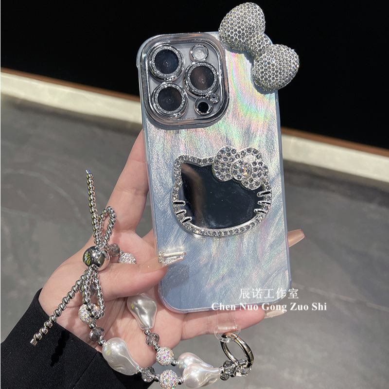 适用苹果华为荣耀oppo/vivo小米手机壳kt猫镜子闪钻蝴蝶结带手链