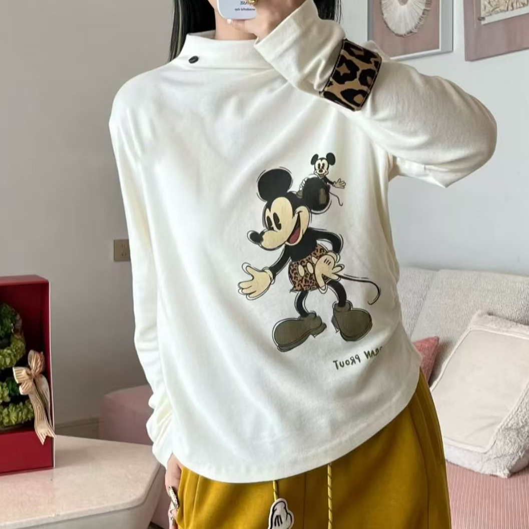 休闲宽松半高领米奇印花上衣白色卫衣秋冬打底长袖