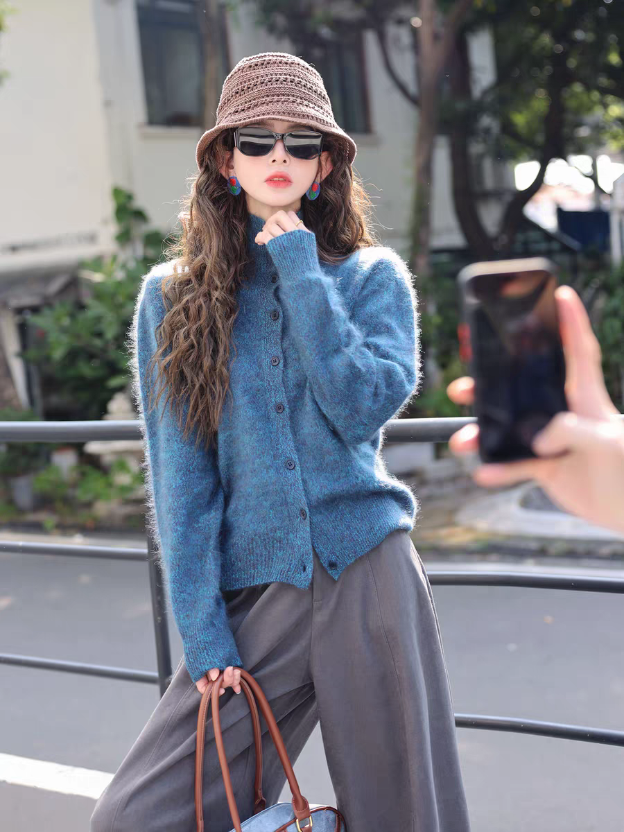 【花纱高领开衫】山羊绒拉绒高领厚款长袖洋气秋冬季加厚毛针织衫女