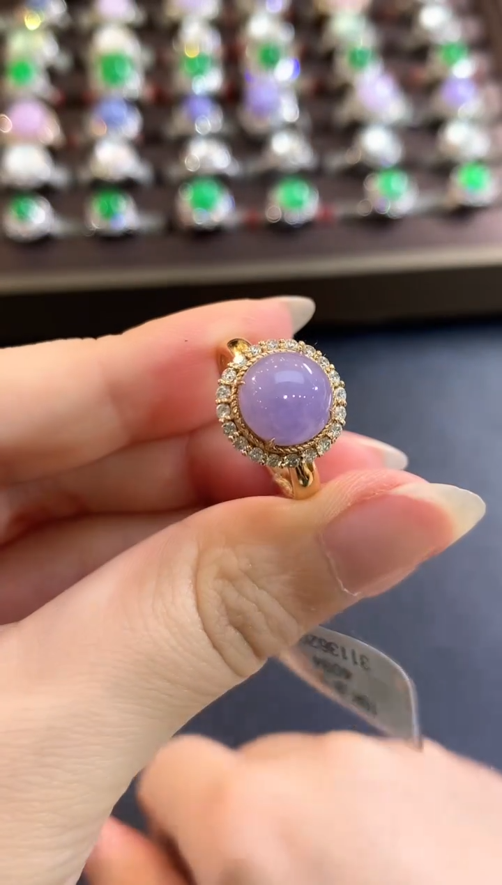 18K金镶嵌戒指翡翠b156紫货有色差