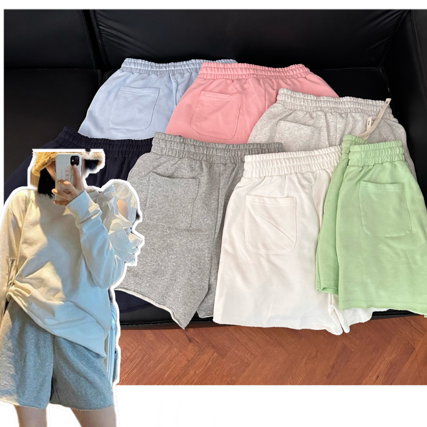 【刺绣卷边短裤】S外贸订单毛边刺绣标A字短裤毛圈显瘦短裤女