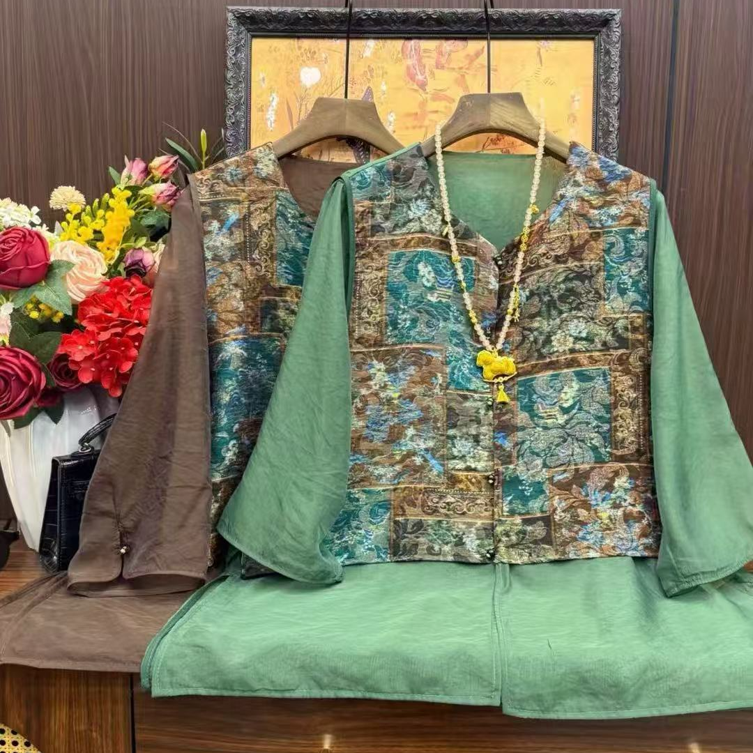新中式国风大码假两件衬衫琉璃香云纱百搭显瘦提花气质拼接1026
