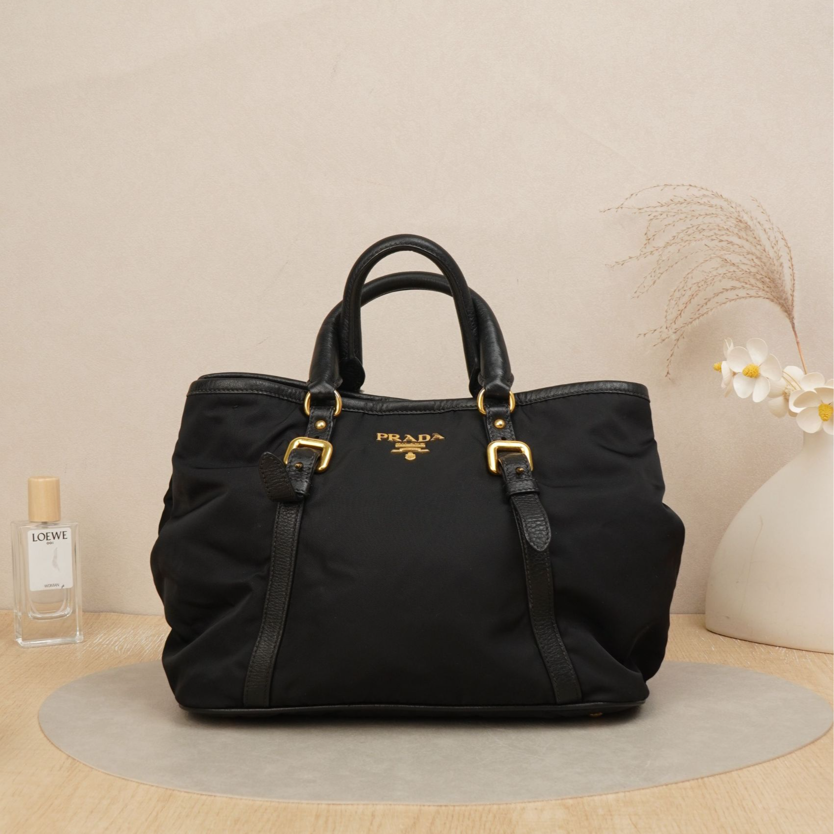 95新 Prada/普拉达 普拉达手提肩背包黑金尼龙/DS036719