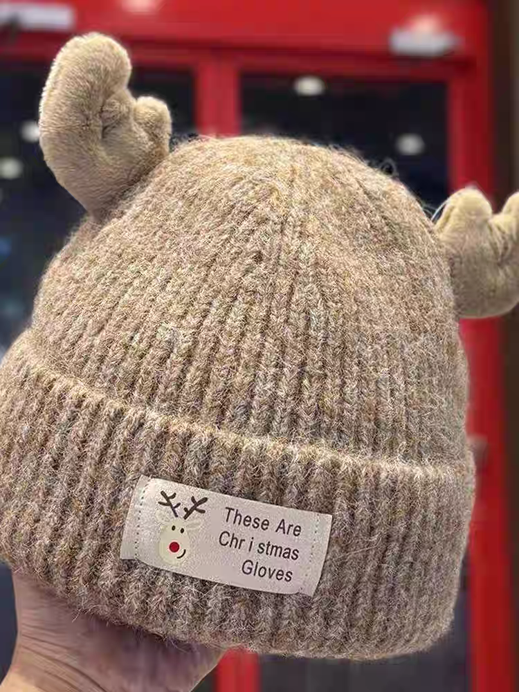 韩系可爱卡通鹿角针织毛线帽子冬季防寒加厚包头帽