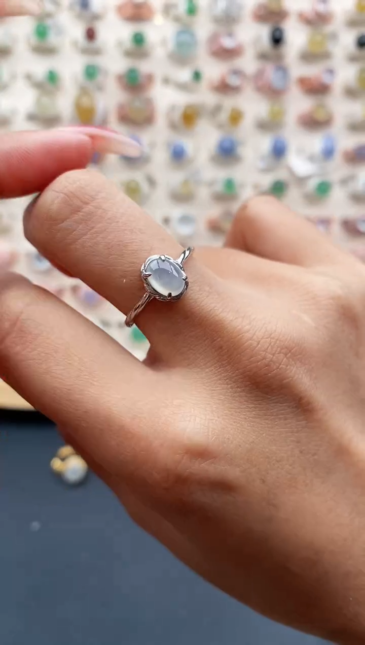 【闪购商品】翡翠戒指银S925镶嵌缅甸天然A货翡翠222 2+1