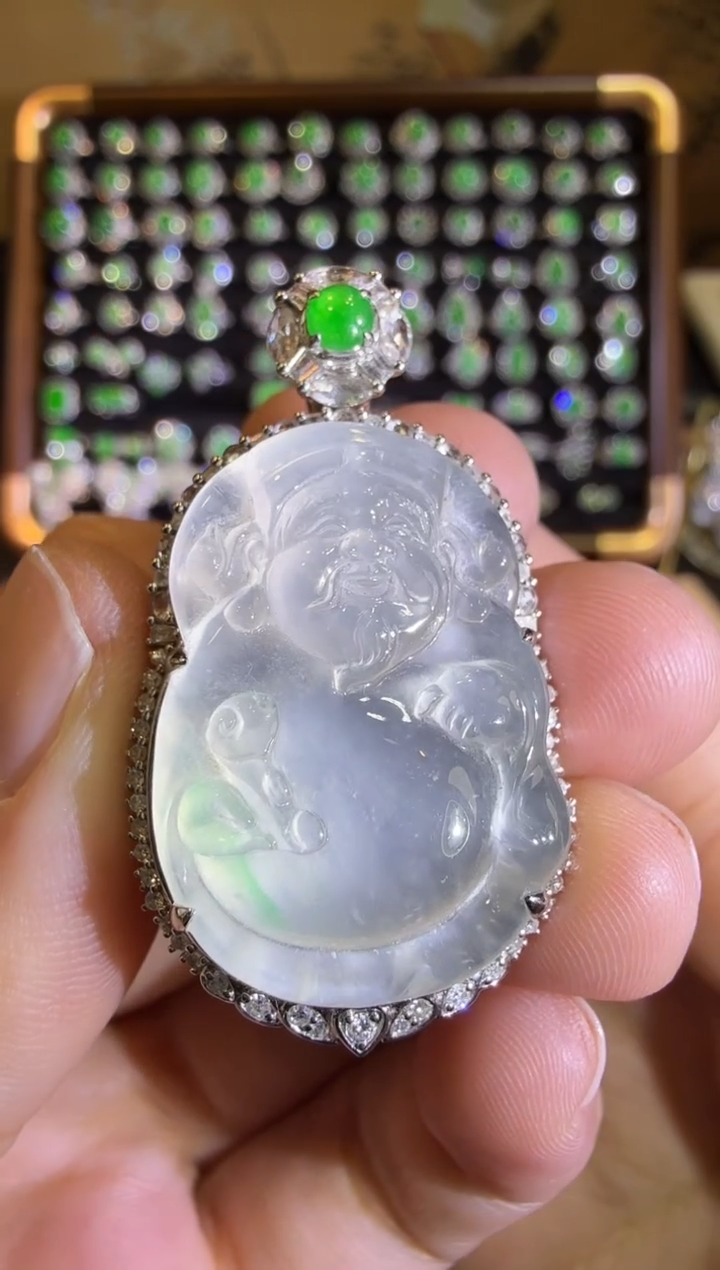 【闪购商品】翡翠吊坠(赠链)18K金镶嵌玻璃种金丝绿财神全开一刀切