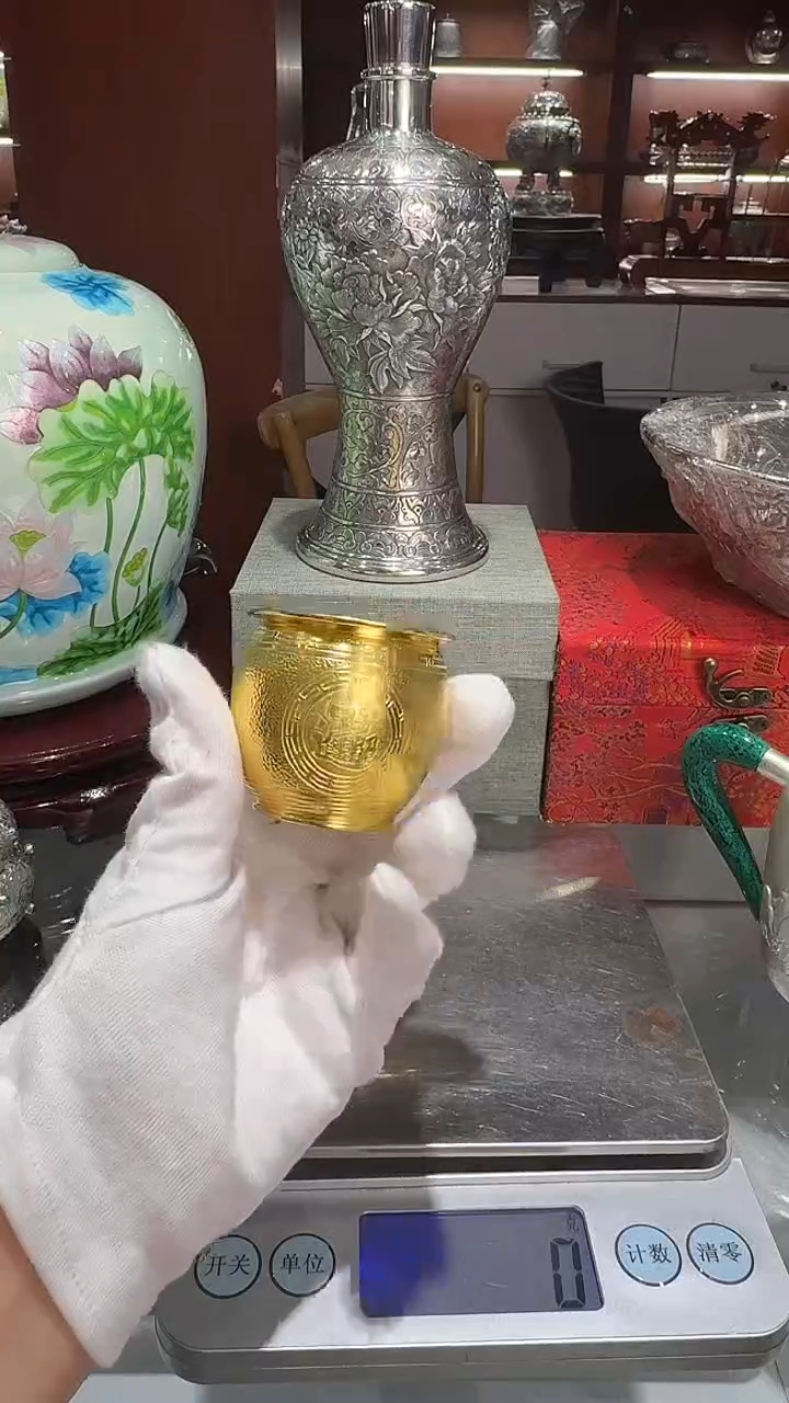 足银手工精工锤纹招财进宝镀金主人杯