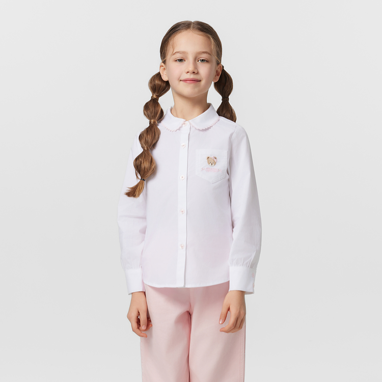 PAWINPAW25年新款女童基本款纯棉翻领白色打底长袖衬衫PCYAF2121E