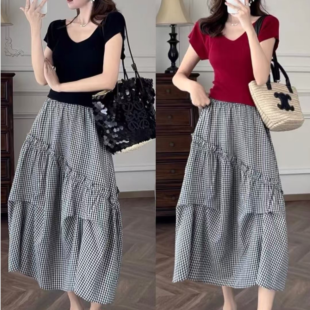 【锦衣服饰】KDM 2073花边细格子半裙