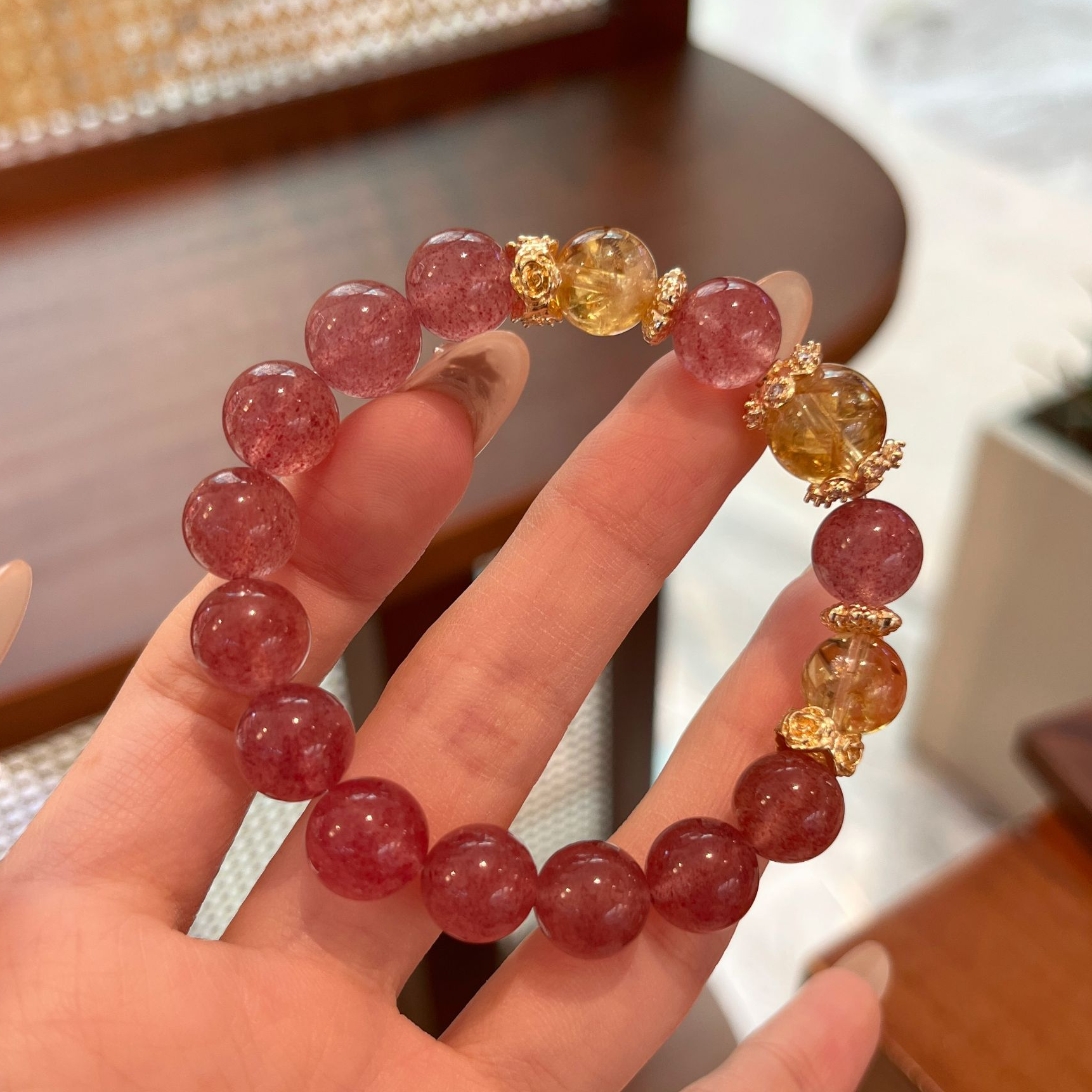 【钞有缘】10mm草莓晶+11mm+10mm黄水晶 设计款天然草莓晶手串 A386