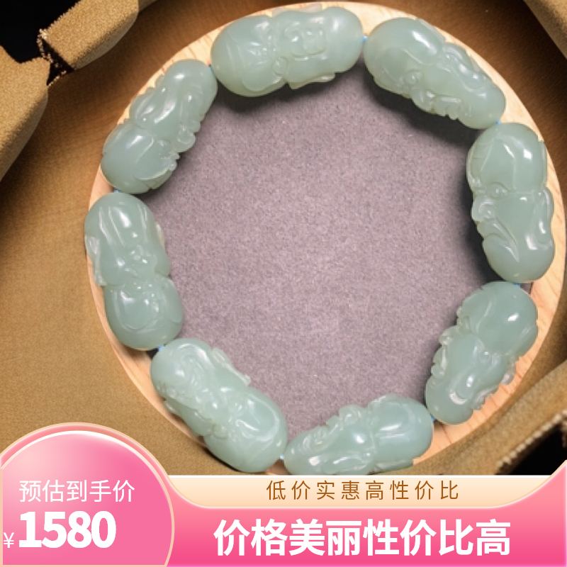 和田玉且末蓝雕刻十八罗汉卡14手持无裂无黑点高品质