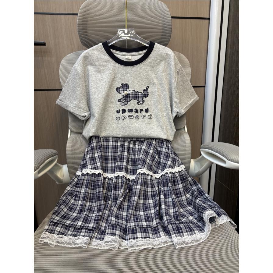 【断码清货】2025夏韩版格子小狗短袖半裙套装 D377 377 M